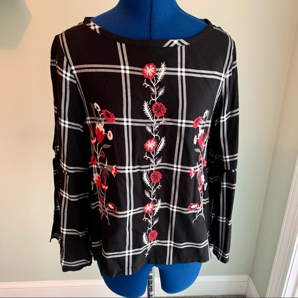 Loft black & white blouse w/ red floral embroidery